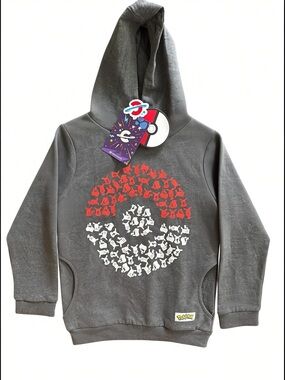 Poke Ball Sz 8 Pullover Hoodie Gray Hooded Pockets Red & White Graphic | NWT